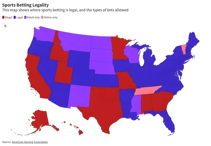 Map showing US states where online gambling is legal