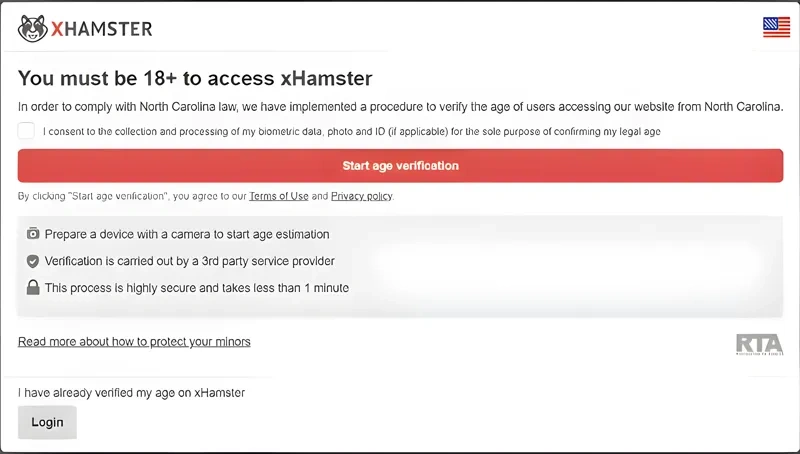 Écran de vérification de l'âge sur xHamster affichant l'exigence de pièce d'identité